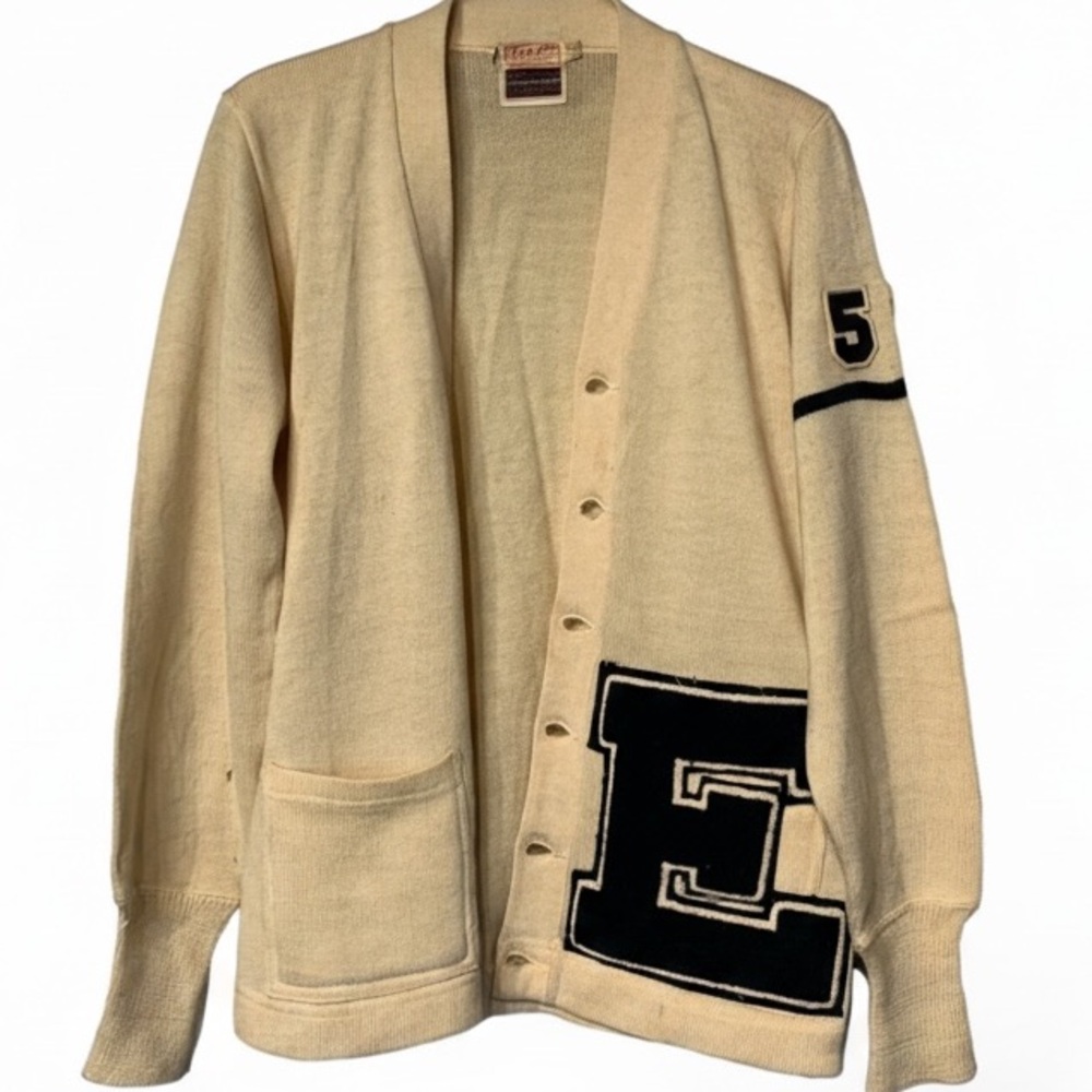 Vintage 1950s Trojan Wool Letterman Cardigan Varsity Sweater Patch 40